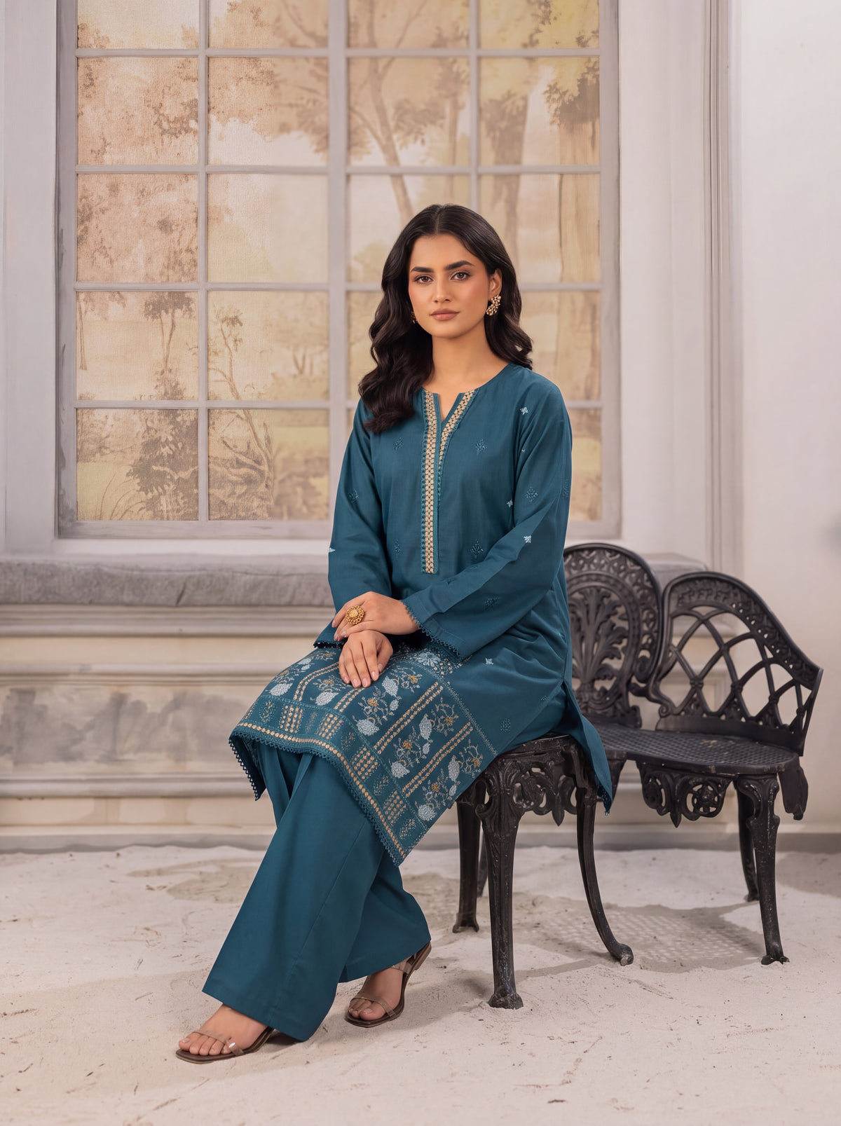 Teal Blue Embroidered 2-Piece Suit