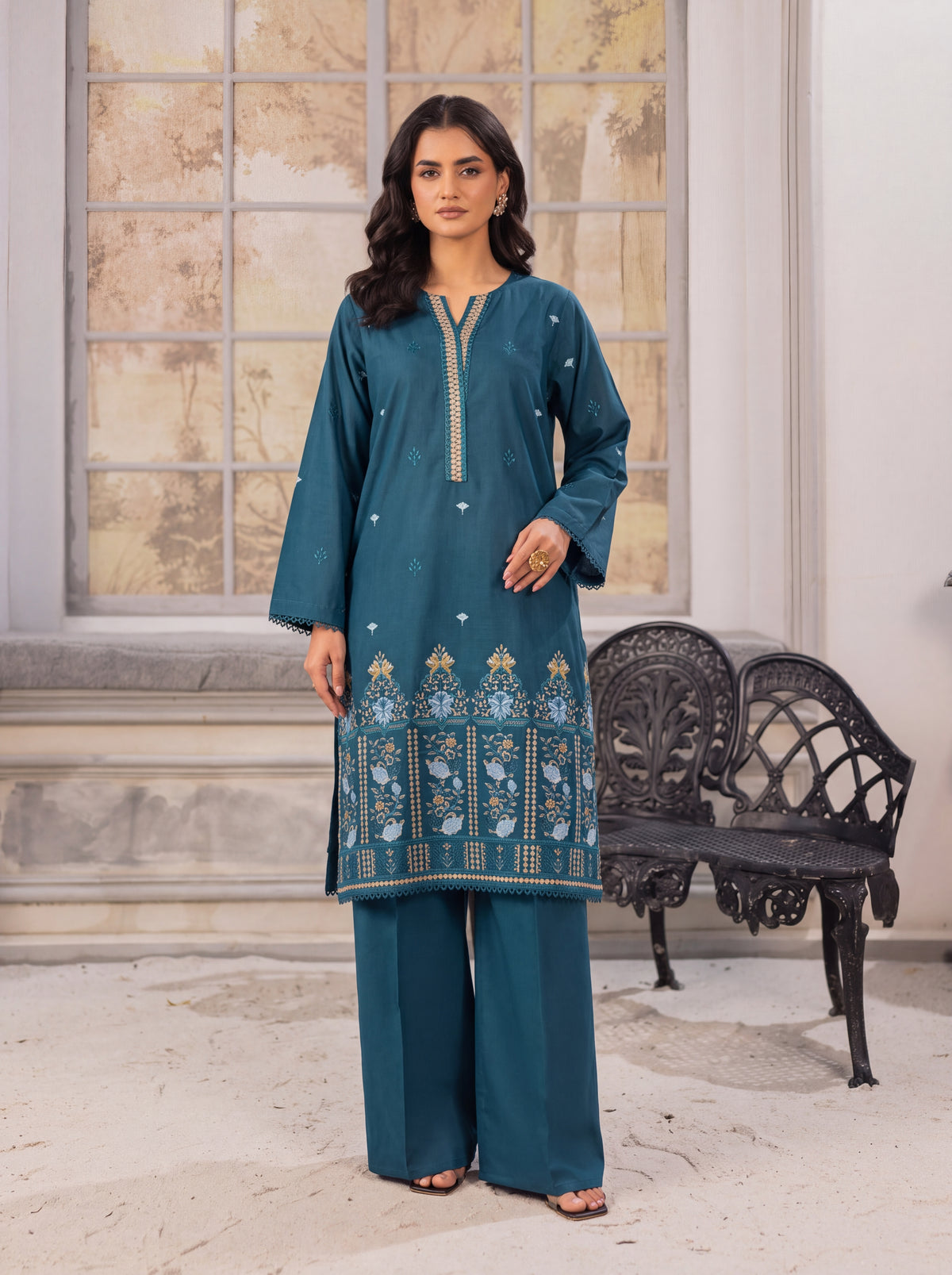 Teal Blue Embroidered 2-Piece Suit