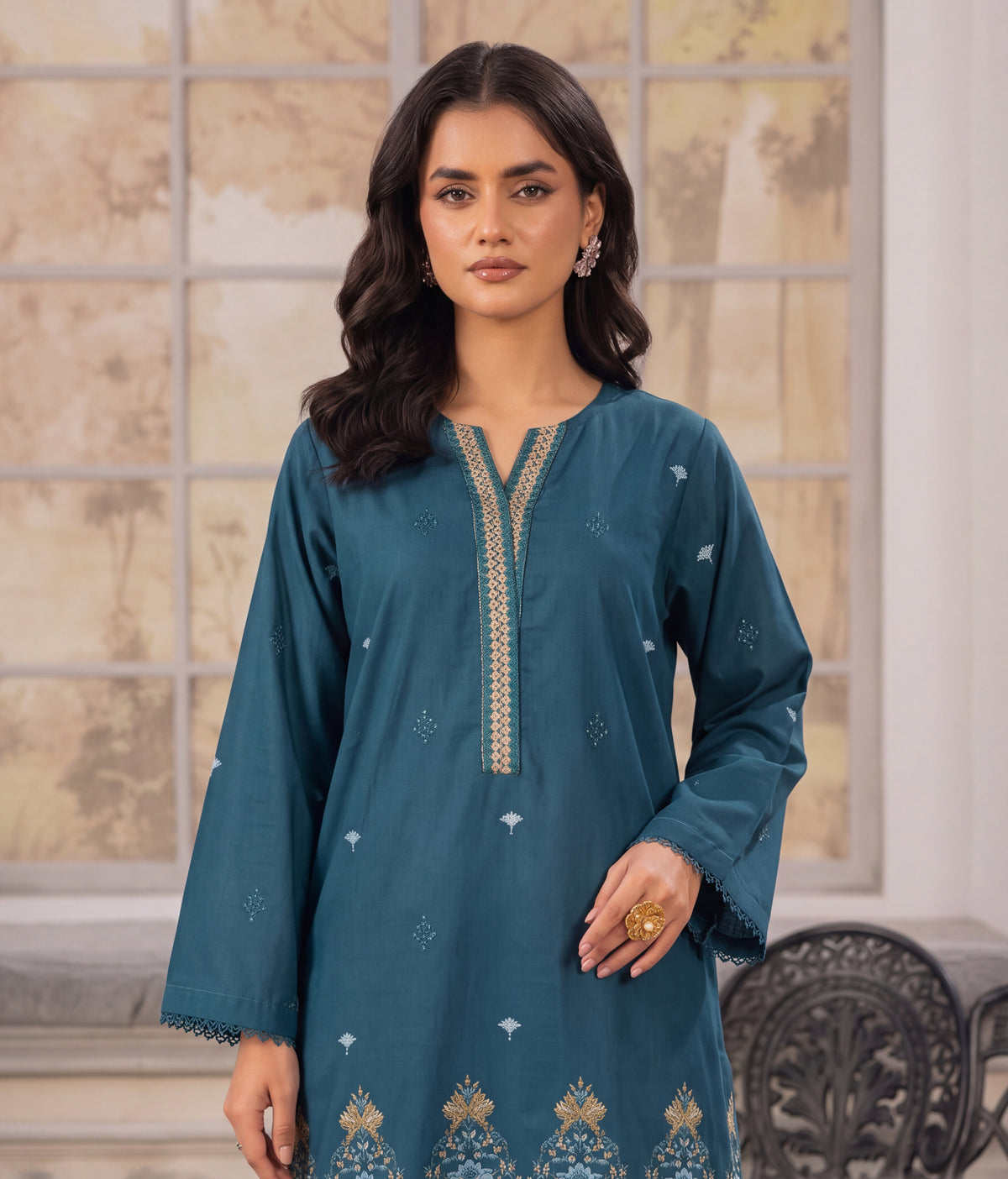 Teal Blue Embroidered 2-Piece Suit