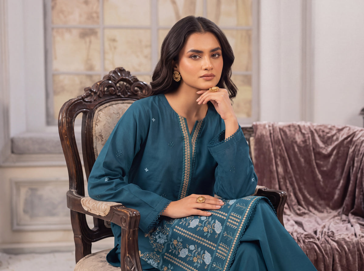 Teal Blue Embroidered 2-Piece Suit