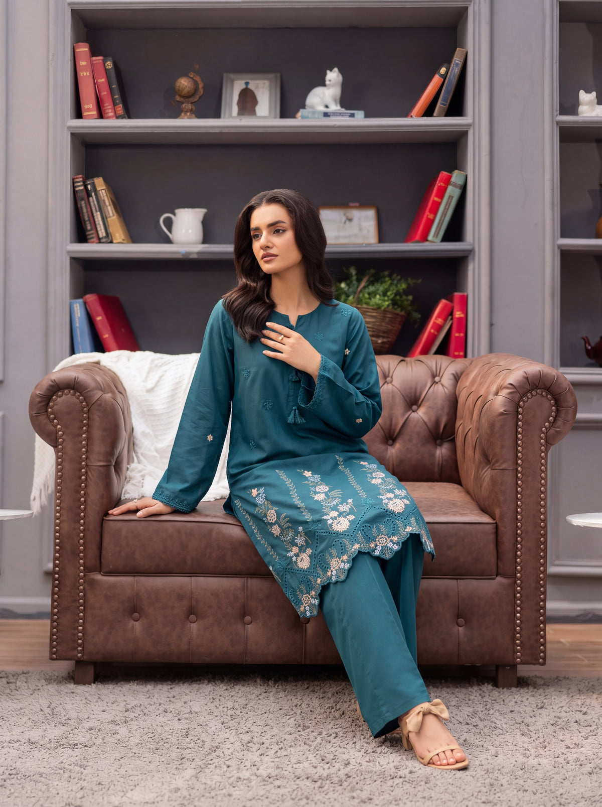 Teal Garden Embroidered 2-Piece Suit | Silkari