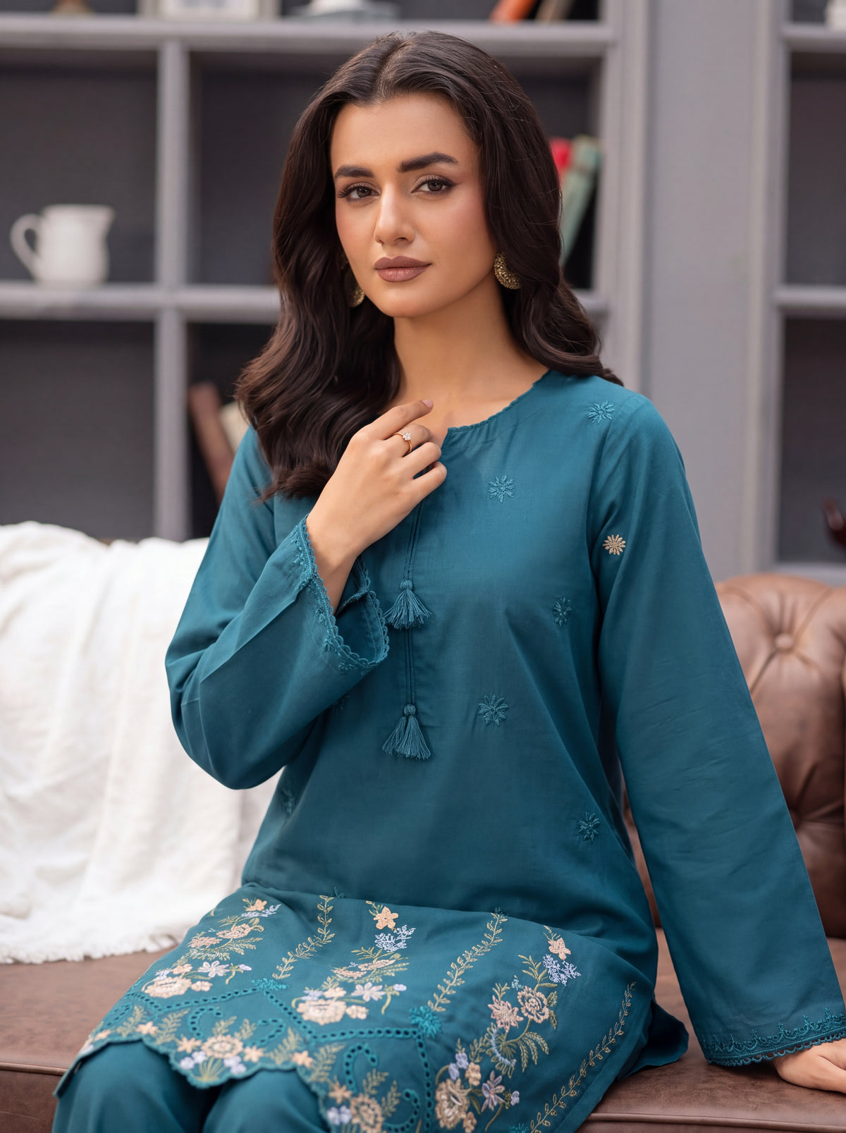 Teal Garden Embroidered 2-Piece Suit | Silkari