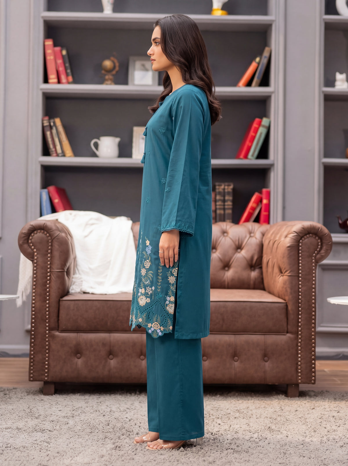 Teal Garden Embroidered 2-Piece Suit | Silkari