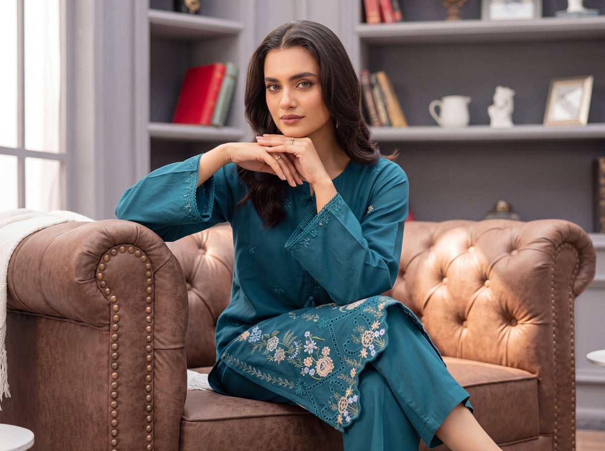 Teal Garden Embroidered 2-Piece Suit | Silkari