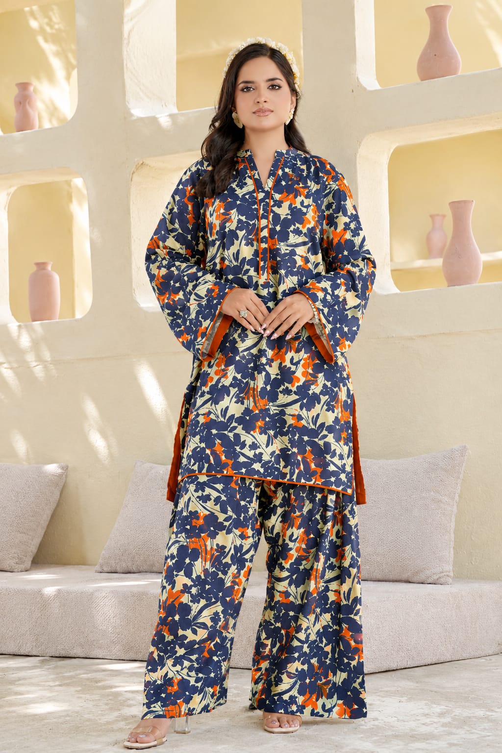 Navy & Orange Floral Printed 2-Piece Suit
