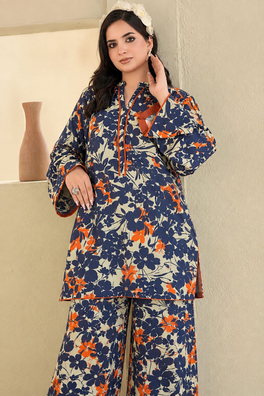 Navy & Orange Floral Printed 2-Piece Suit
